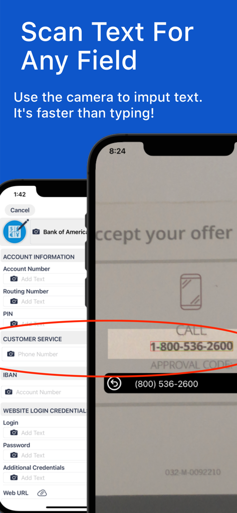 My Eyes Only Password Manager - A smartphone screen demonstrating the scan text feature in the My Eyes Only app to capture a phone number from a physical document.