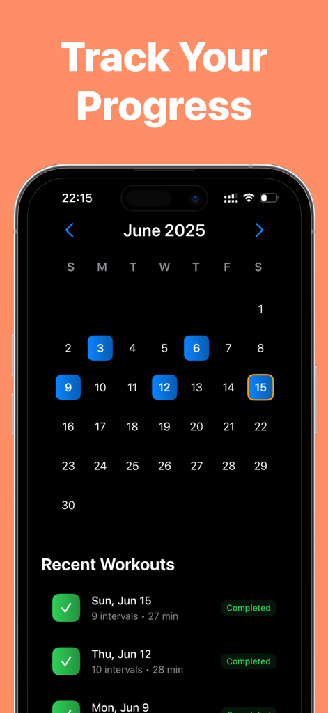 Japanese Walking Method - A progress tracking screen in the Japanese Walking Method app featuring a workout calendar and a list of recent walking sessions.