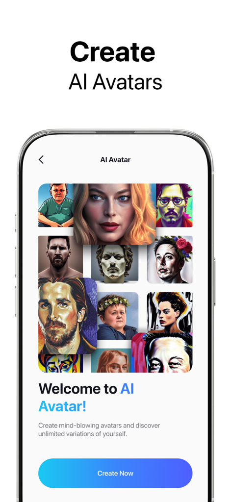 Pixelup: AI Photo Enhancer App - Ein Mobiltelefon-Bildschirm, der den Pixelup-App-KI-Avatar-Generator mit Beispielen von künstlerischen digitalen Porträts zeigt