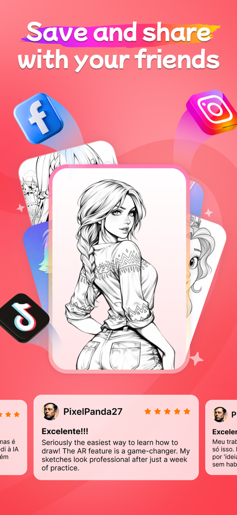 Social-Sharing-Optionen und Benutzerbewertungen für die AR-Anime-Zeichen-App