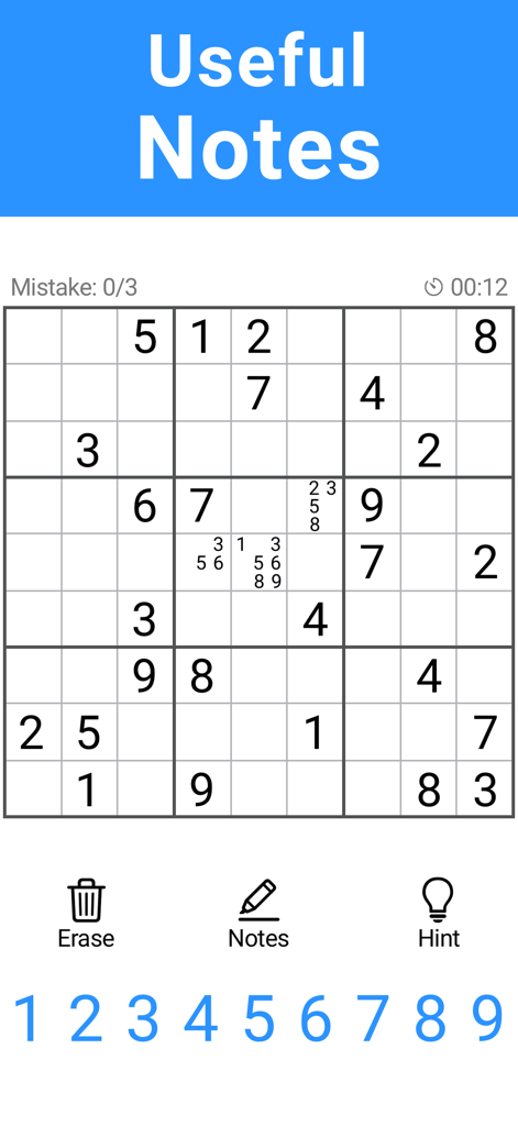 Pantalla de juego de Sudoku mostrando la útil función de notas para añadir marcas de lápiz a la cuadrícula.