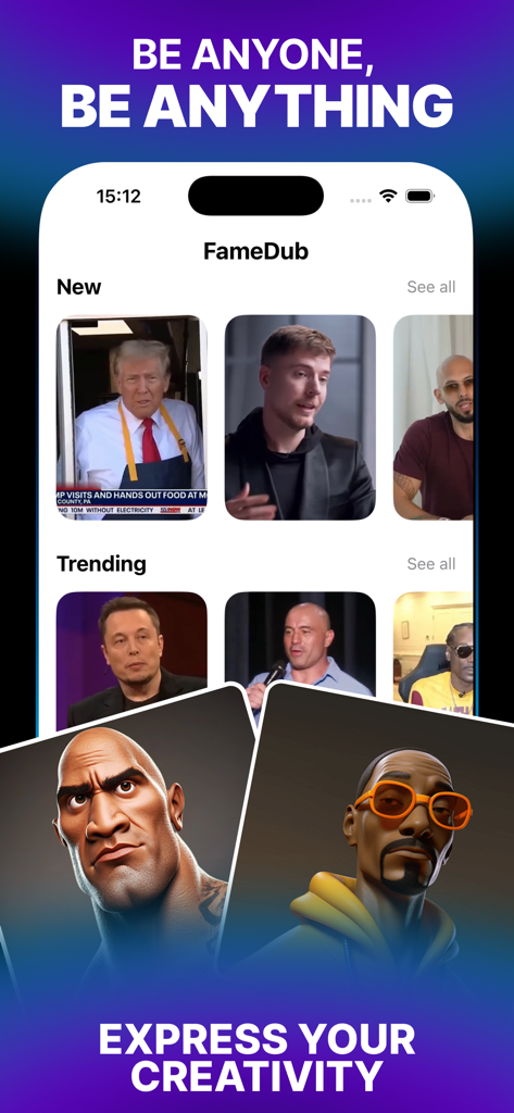 Famedub－Voice Generator AI App - Interfaz de la aplicación Famedub con una biblioteca de voces de celebridades con IA para crear vídeos de parodia.