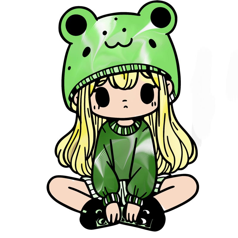 a girl wearing a frog hat and some frog socks