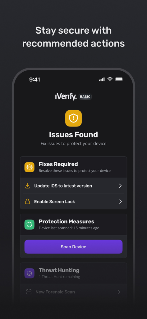 iVerify Basic - El panel de la aplicación iVerify Basic mostrando problemas de seguridad detectados y acciones recomendadas como actualizar iOS y habilitar el bloqueo de pantalla.