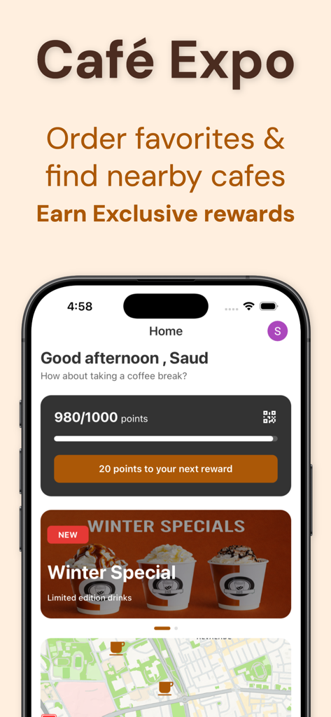 Café Expo - Cafe Expo app home screen showing digital loyalty points and seasonal coffee offers