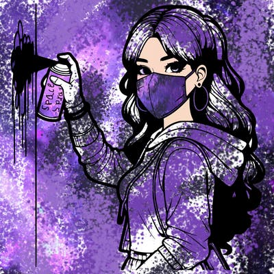 realistic girl with mask spray painting a wall