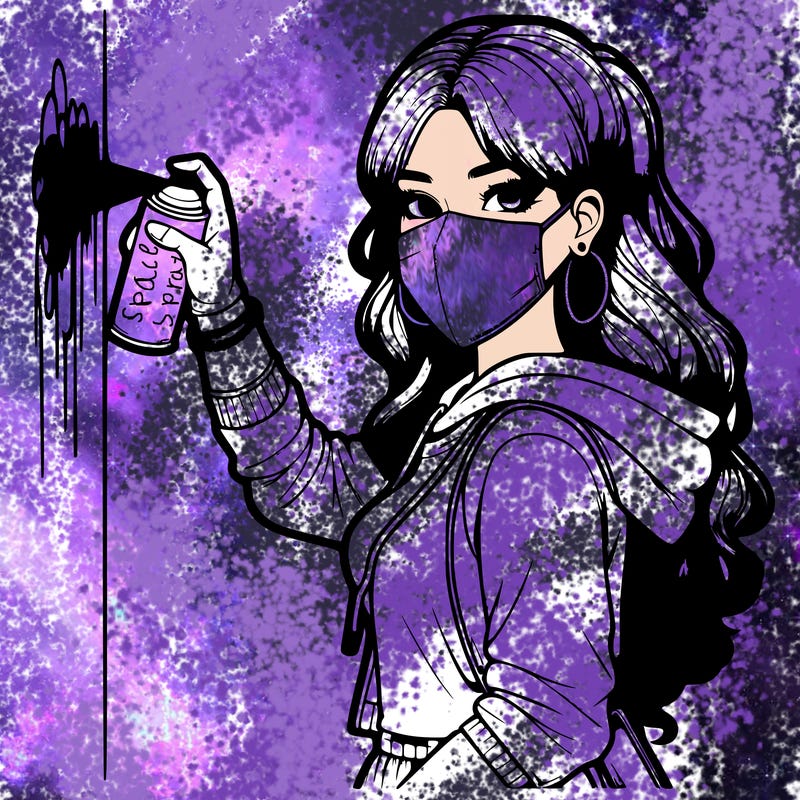 realistic girl with mask spray painting a wall