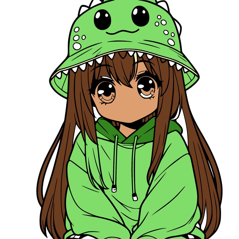 girl with anime shaped eyes with a dinosaur bucket hat oversized sweatshirt long straight hair
