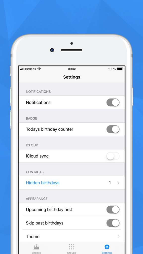 Birdees - Birthday Reminder - Birdees app settings screen showing options for notifications, iCloud sync, and appearance themes.