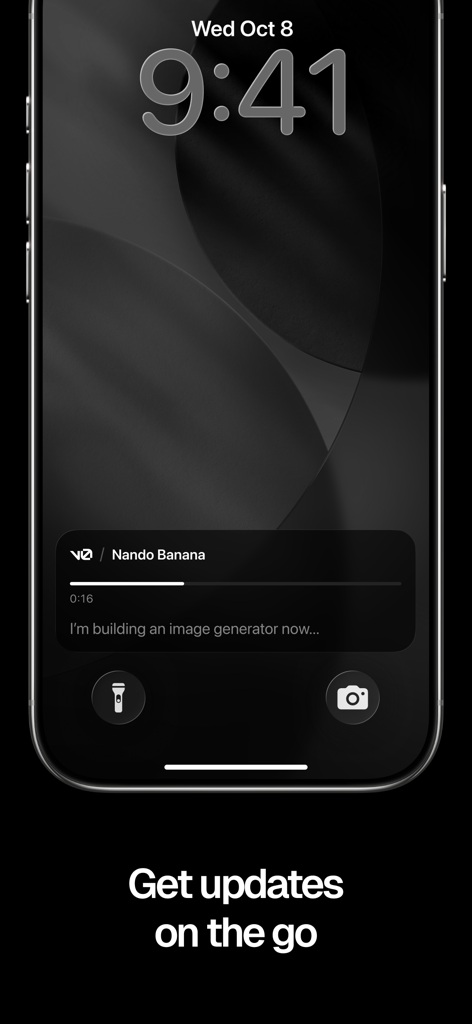 v0 - Sperrbildschirm eines iPhones, der eine Echtzeit-Fortschrittsbenachrichtigung von der v0 KI-Assistenten-App mit dem Text Get updates on the go anzeigt
