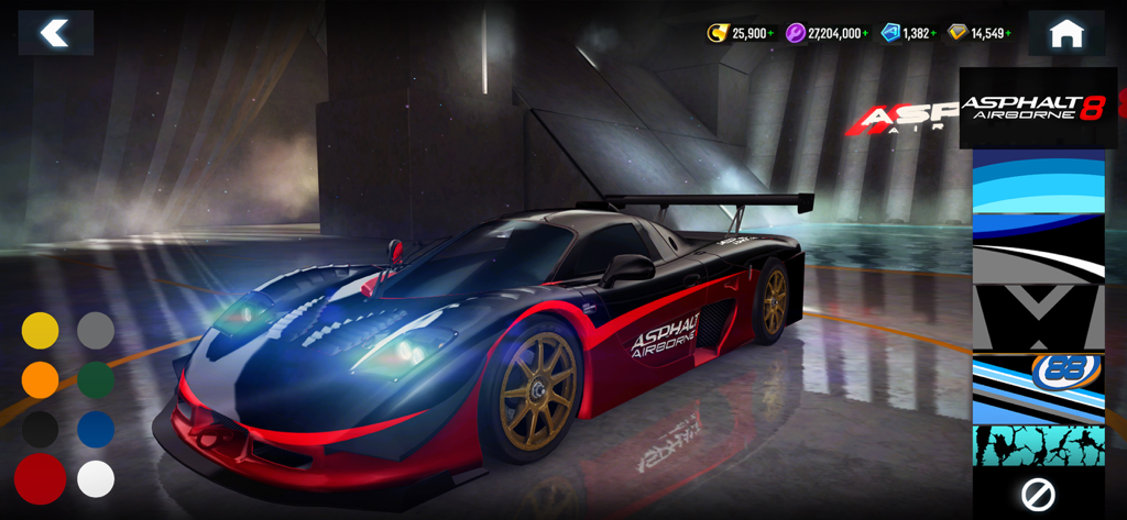 A sports car being customized with colors and decals in the Asphalt 8 Airborne garage