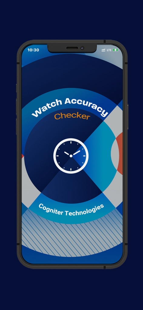 Watch Accuracy Checker - Startbildschirm der Watch Accuracy Checker App mit einem Uhrensymbol und dem Entwicklerlogo