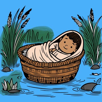 a baby lying in a basket in a river with reeds. biblical times