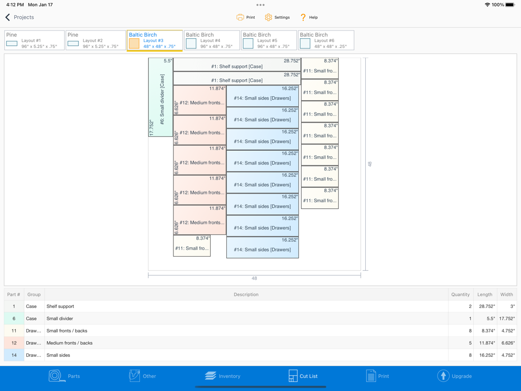 Optimized cutting diagram for Baltic Birch plywood in the Offcuts iPad app