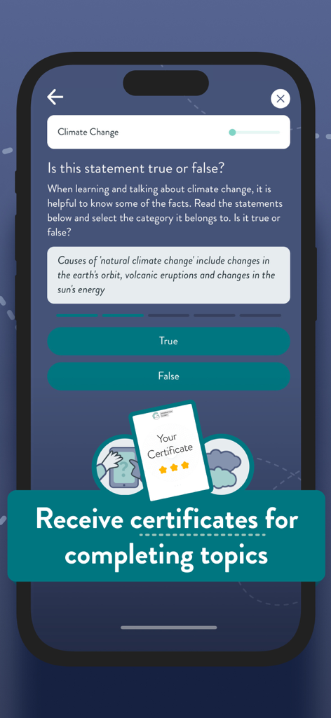 Generation Global - Generation Global app screen showing a climate change quiz and information about earning certificates for completing topics.