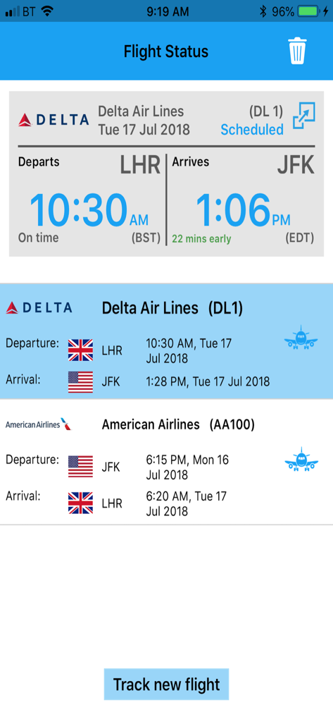 Panel de control de la aplicación Live Flight Status que muestra los horarios programados de vuelos de Delta y American Airlines