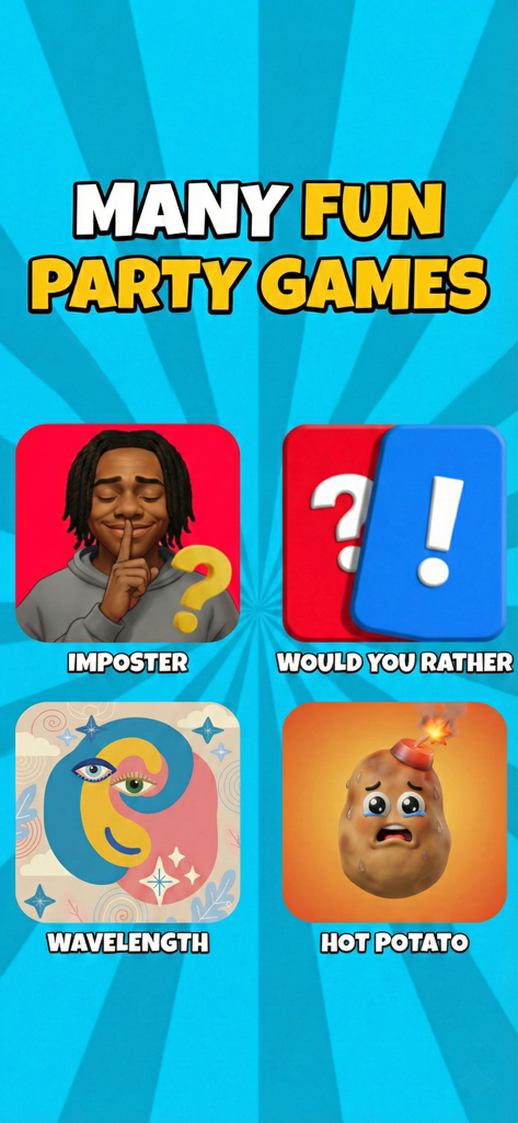 Menu de jogos de festa no aplicativo Imposter, incluindo Impostor, Você Prefere, Wavelength e Batata Quente