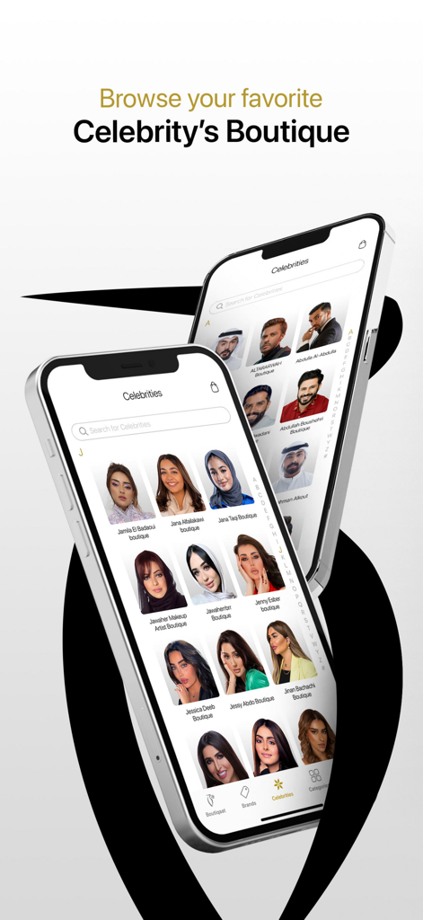 Two smartphones displaying the Boutiqaat app celebrity boutique section with influencer profiles