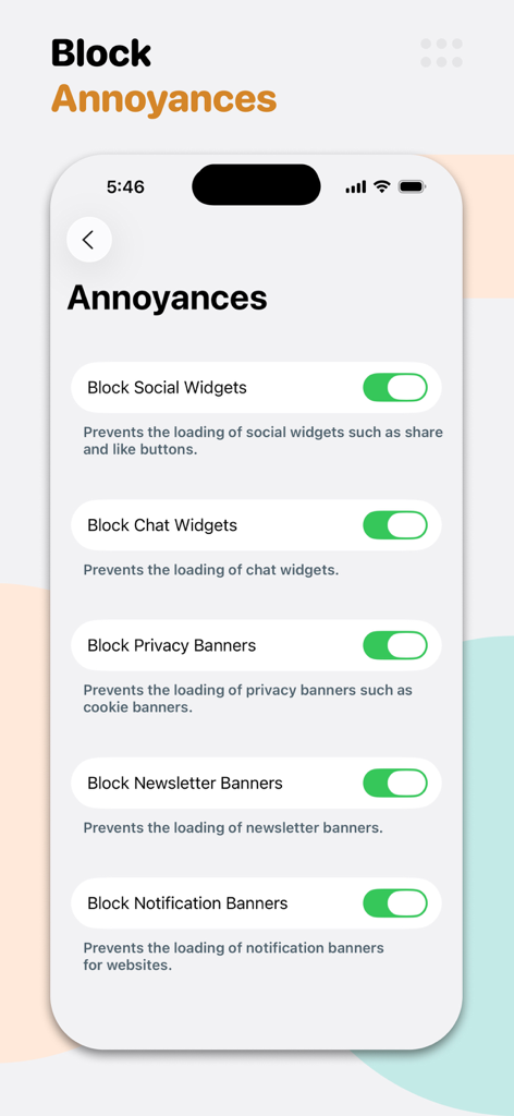 Screenshot of Roadblock app showing toggle switches to block web annoyances including cookie banners and social widgets.