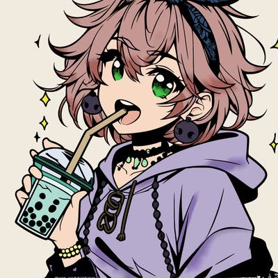 hot baddie anime girl drinking boba and biting the straw