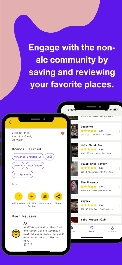 BuzzCutt - BuzzCutt mobile app interface displaying venue details with non-alcoholic drink brands and a list of saved favorite locations