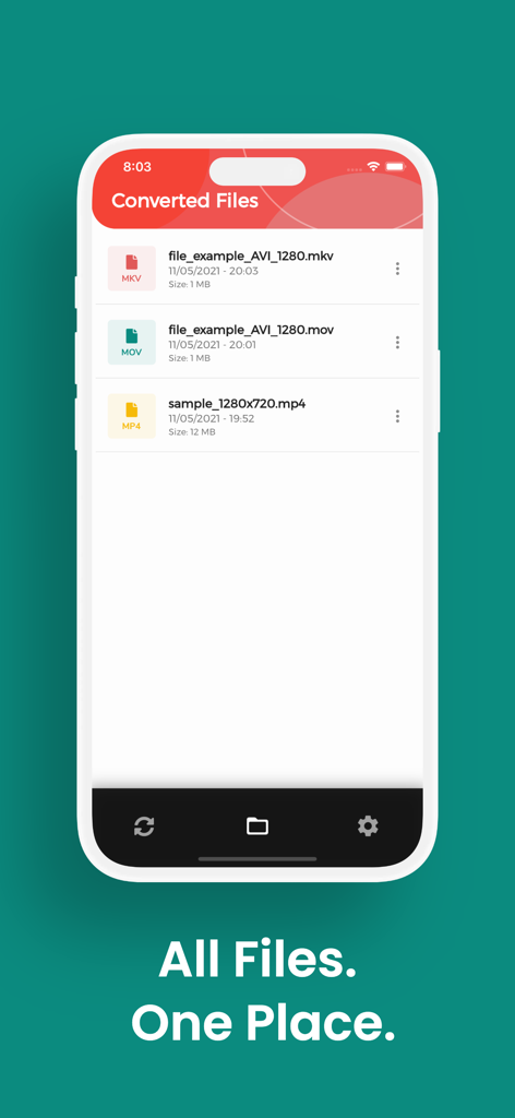 Uma lista de arquivos de vídeo convertidos em vários formatos como MKV e MP4 dentro do aplicativo.