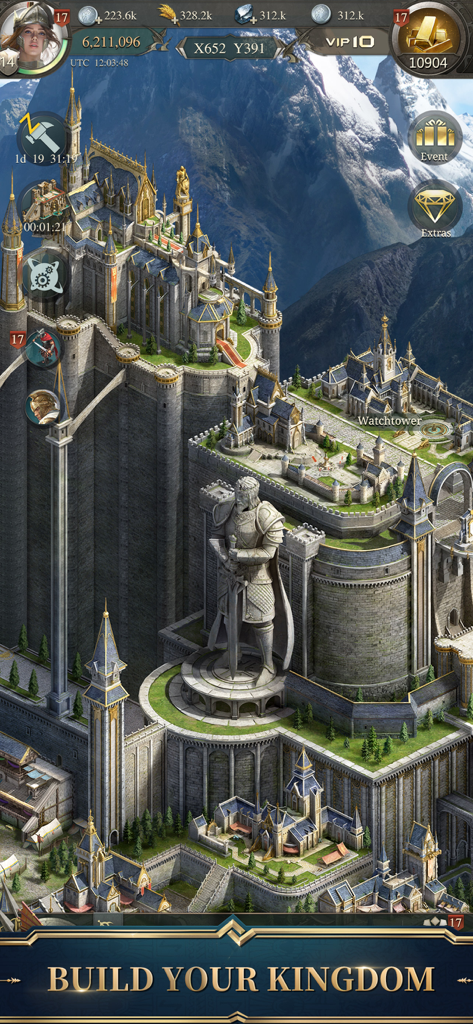 A detailed medieval castle built on a mountainside with a giant knight statue in the War Eternal strategy game