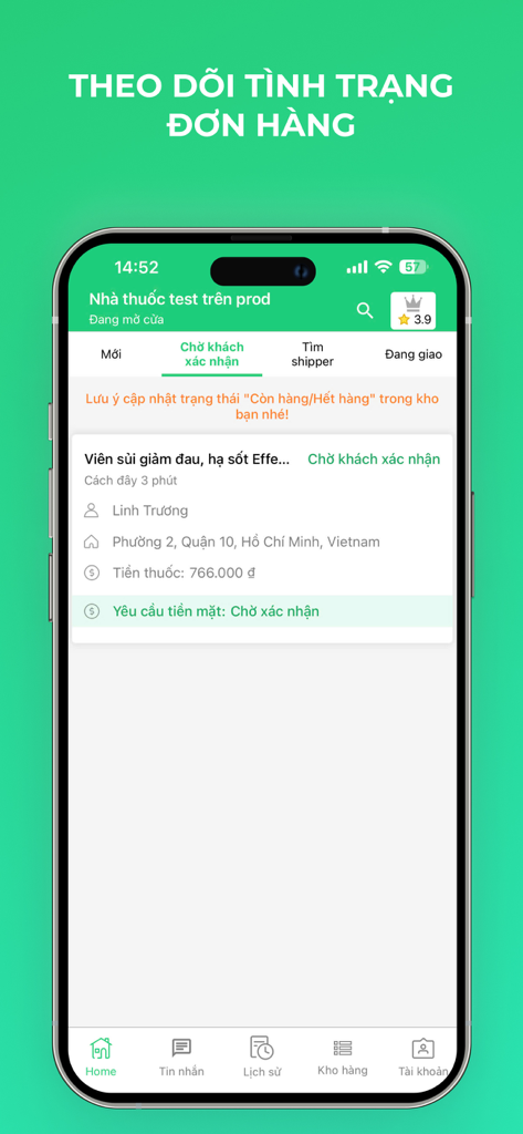 Medigo Đối Tác - Medigo Partner app interface for pharmacy owners to track customer order status