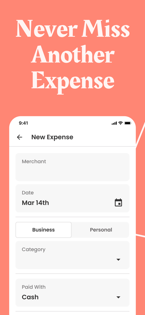 TrulySmall Business Expenses - TrulySmall app interface showing a new expense entry form with a toggle to separate business and personal spending