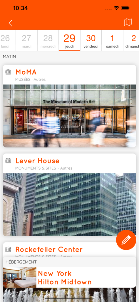 MisterFly - MisterFly mobile app displaying a travel itinerary for New York City including MoMA and Hilton Midtown.