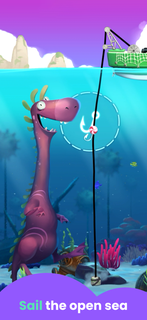 Sea Monster Fishing Games - A cartoon purple sea monster swimming underwater in an educational fishing game for kids