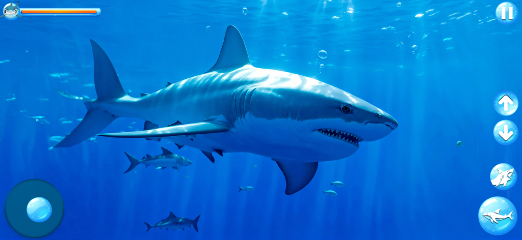 Ocean Shark Simulator - A large great white shark swims in a 3D blue ocean environment with on screen game controls