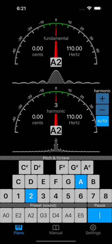 Piano Doctor - A Piano Tuner - Interface of Piano Doctor app displaying fundamental and harmonic tuning gauges with pitch selection
