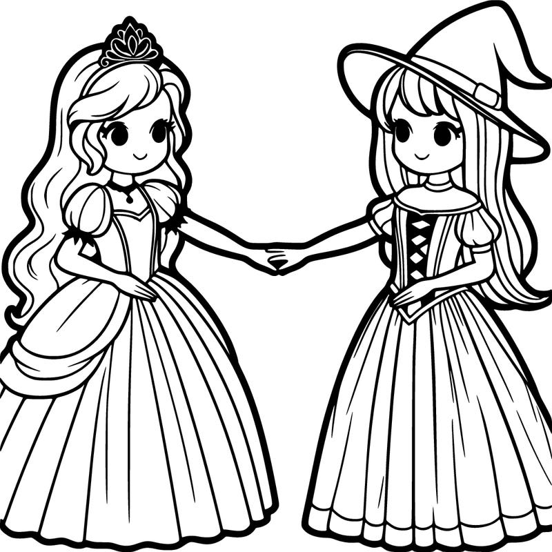 a princess and a witch holding hands realistic