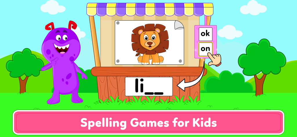 Un gioco di ortografia interattivo per bambini con un'illustrazione di leone e un puzzle di costruzione di parole con un personaggio mostro viola