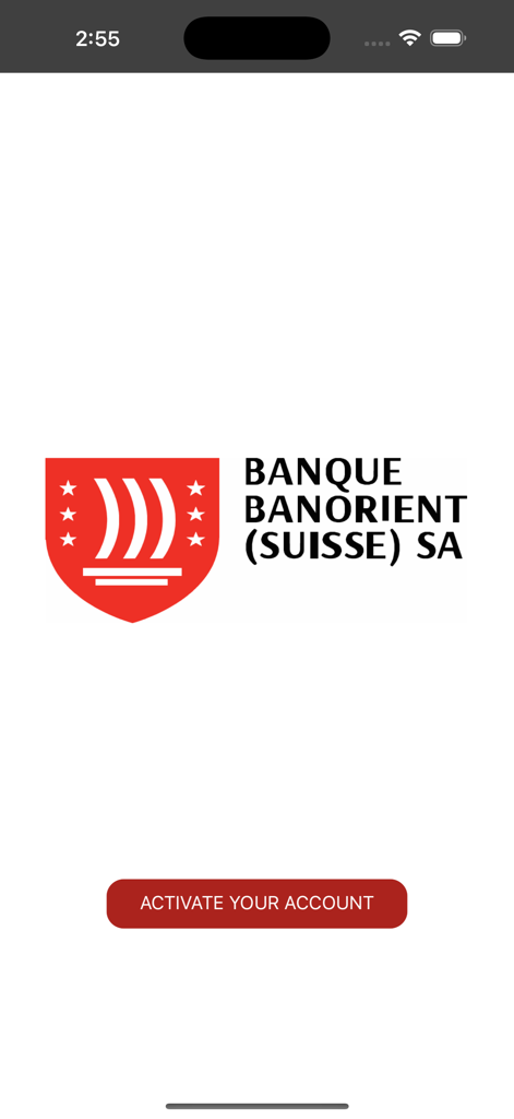 Banorient Suisse - Banorient Suisse private banking app welcome screen with logo and account activation button