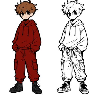teen anime boy with baggy pants and sweater