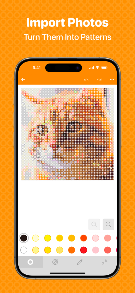 Beads Creator - Bead Patterns - ビーズクリエイターアプリのインターフェースには、猫の写真がスマートフォンのビーズアートパターンに変換されて表示されています