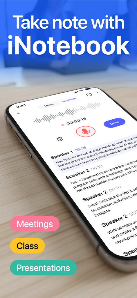 iNotebook: AI Note Taker - iNotebook app interface showing real-time audio transcription with speaker tags for meetings and classes.