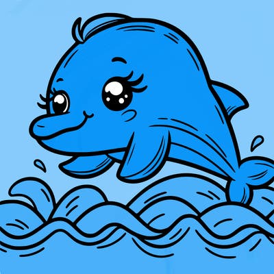 cute dolphin, smiling, long eyelashes, jumping over sea waves