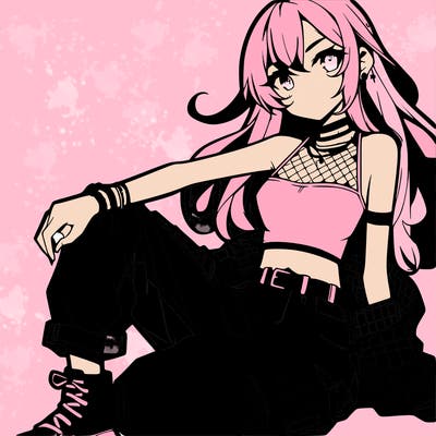 anime girl with a crop top and ripped jeans