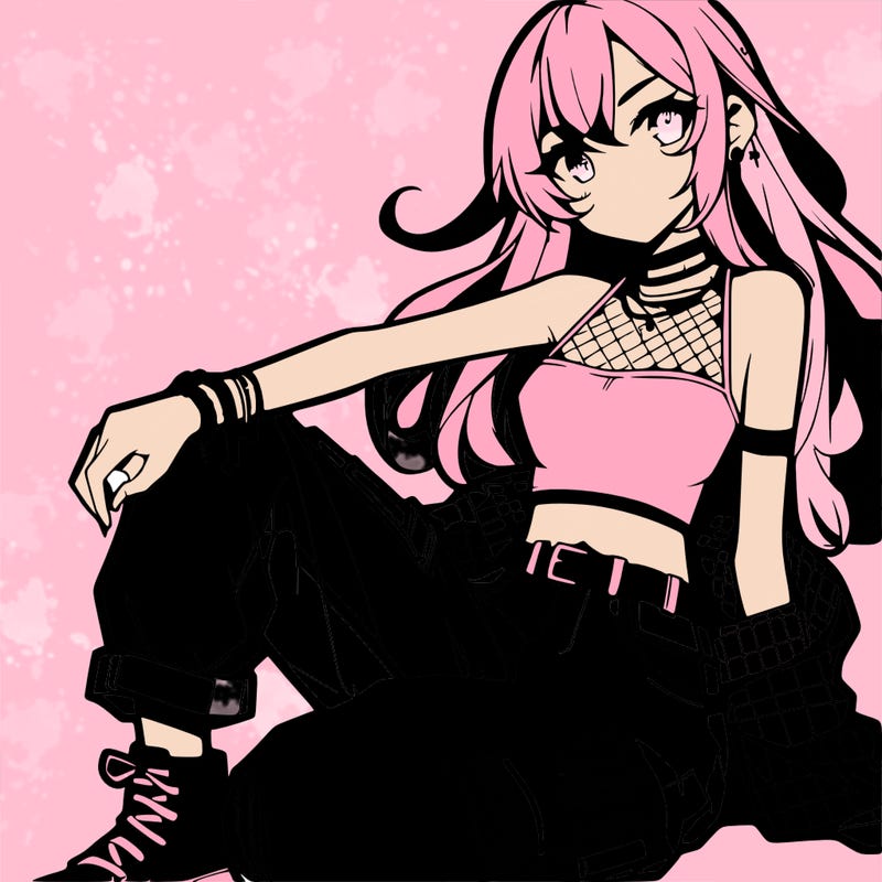 anime girl with a crop top and ripped jeans