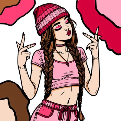 realistic teenage girl with braids and a beanie and crop top doing 🫶🏼