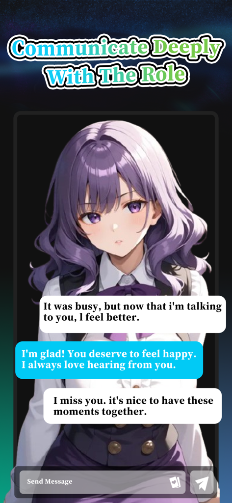 Keily-Create AI Stroy - 紫色の髪のアニメAIキャラクターとのチャット会話を示すKeilyアプリのインターフェース