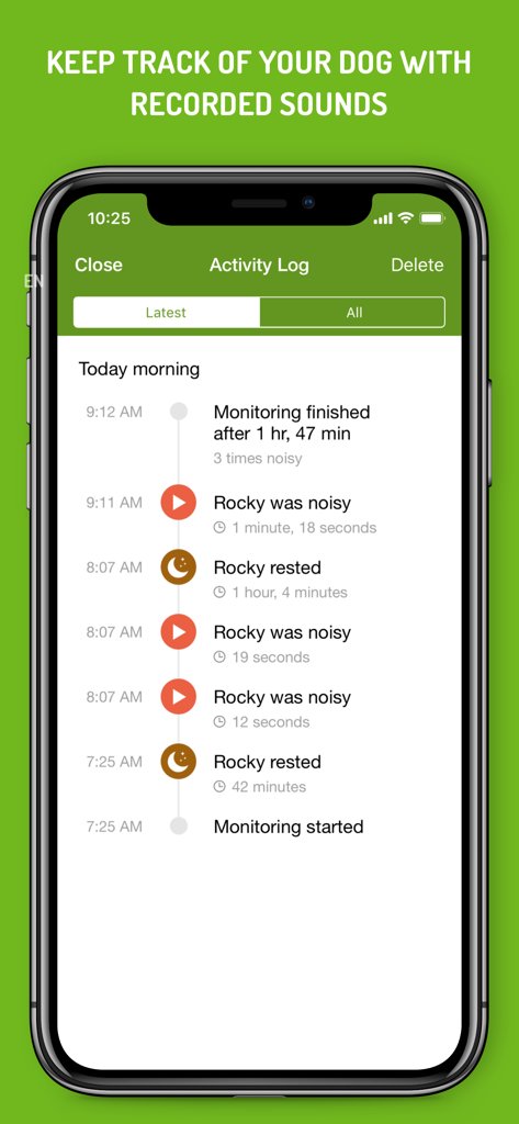 Dog Monitor - ペットの鳴き声と休息イベントのアクティビティログを表示するドッグモニターアプリ