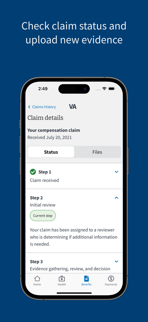 VA: Health and Benefits - Mobile screen showing VA compensation claim status and progress steps