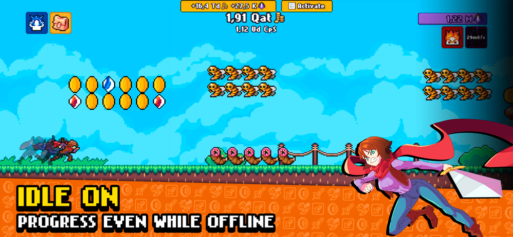 Idle Slayer - Uma captura de tela de gameplay de Idle Slayer com gráficos em arte pixelada e um overlay de texto promovendo o progresso offline.