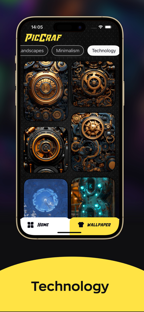 LiveArt- AI Wallpaper - Interface of the PicCraft app displaying 4K technology-themed AI wallpapers on an iPhone.