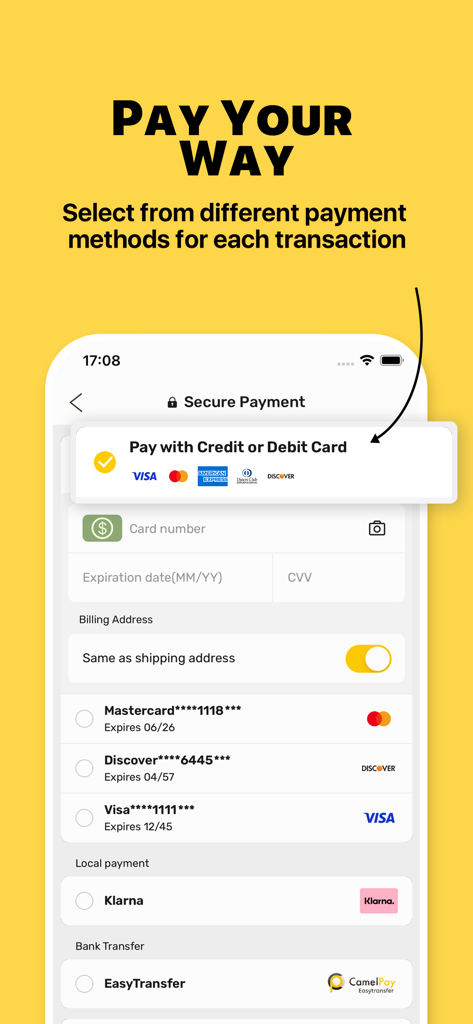 L'écran de paiement de l'application DHgate affiche les options de paiement sécurisées, notamment les cartes de crédit et Klarna.