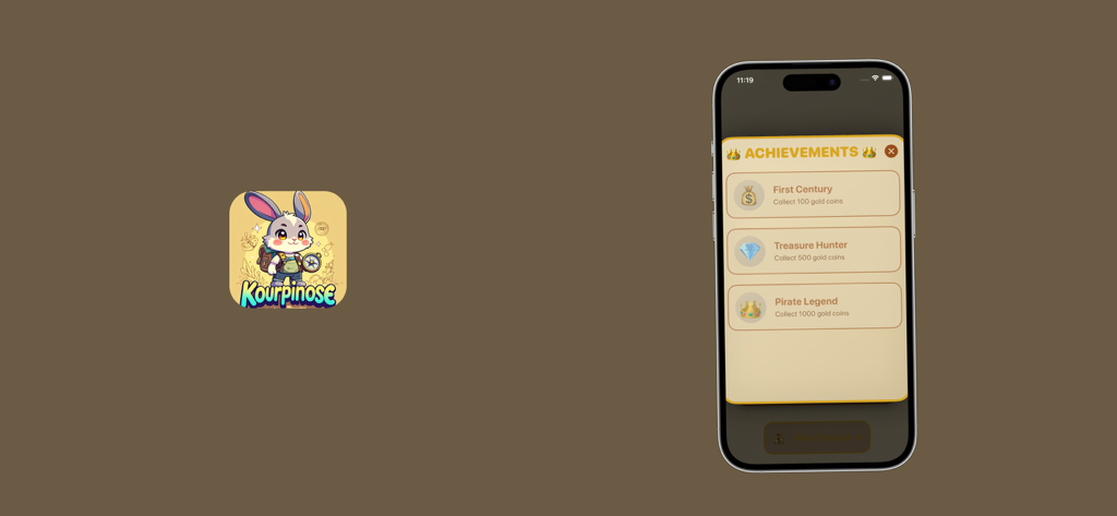 Kourpinose - Mobile app icon and smartphone screen showing pirate-themed achievements for the Kourpinose memory training game.